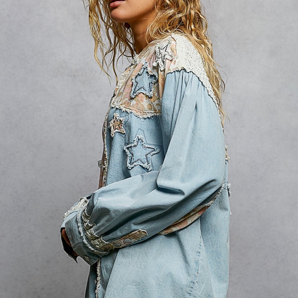 Pol Star Patchwork Stylish Light Shacket Blue Pri… - image 1